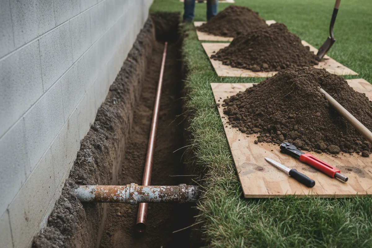 Excavated water line trench during Water Softener Installation in North Hatfield